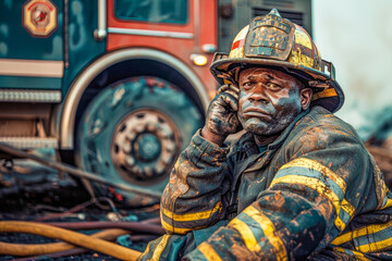 Fototapeta na wymiar A sad tired firefighter is sitting on the ground after fight with fire. He is wearing a dirty uniform and he is in a state of distress.