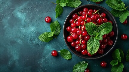   Fresh cherries in a bowl with mint leaves on dark blue background, space for text or image