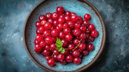   A bowl brimming with juicy red cherries atop a blue-hued table, alongside a knife and fork