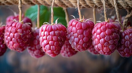   A cluster of raspberries dangles from a vine, with a lush green foliage at both ends
