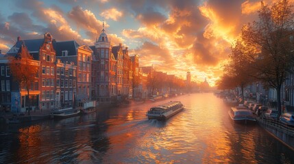 Breathtaking Sunset Over the Canals of Amsterdam with Historical Buildings and Calm Waters