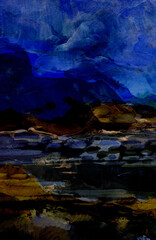 Expression of the night sea and gloomy sky. Original painting of mountains and sea. Modern Impressionism.  Illustration for background