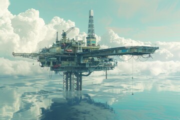 Fototapeta premium A towering oil rig operates in the vast ocean, extracting resources to meet energy demands, A majestic oil rig floating amidst a serene ocean backdrop