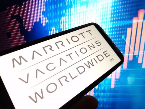 Konskie, Poland - May 10, 2024: Marriott Vacations Worldwide company logo displayed on mobile phone