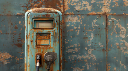 Rusty, vintage gas pump with peeling blue paint, showcasing industrial decay against a matching weathered background.