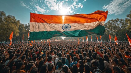 Large Crowd of People Celebrating at Tiranga Yatra with Indian Flag