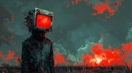 Surreal Artwork of Man with TV Set Head in a Post-Apocalyptic Setting