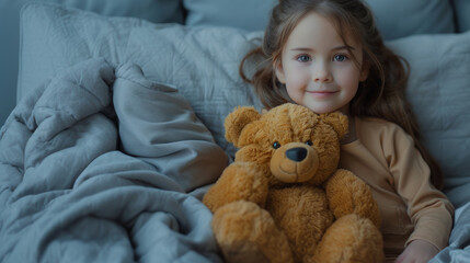 Adorable Girl Holding Her Beloved Teddy Bear While Relaxing on a Comfortable Bed