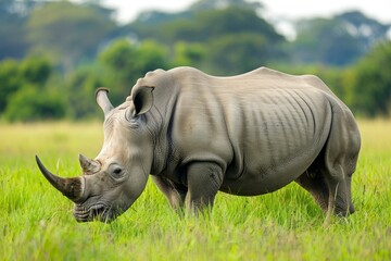 Obraz premium A powerful rhinoceros stands in a grassy field with trees in the background, A majestic rhinoceros grazing in the grass