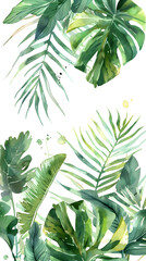 Watercolor tropical leaves and jungle plants isolated on white background