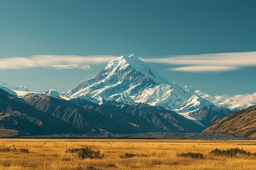 Fototapeta premium A majestic snowcapped mountain range in the distance under a clear blue sky, A majestic snow-capped mountain rising in the distance