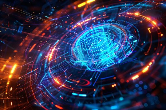 an abstract visualization of a secure connection between devices or networks with glowing lines, pulsating nodes, and interlocking patterns