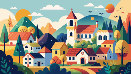 Vibrant Illustration of a Quaint Townscape at Sunset