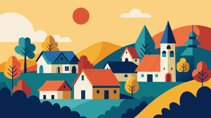 Idyllic Countryside Village Landscape at Sunset Illustration