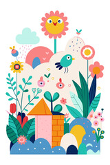 Colorful Whimsical Illustration of Playful Nature Scene with Flowers and Sun
