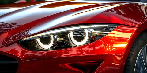 Closeup of modern luxury sports car headlight with red paint reflection. Concept Luxury Car, Close-up Shot, Headlight Details, Red Paint Reflection