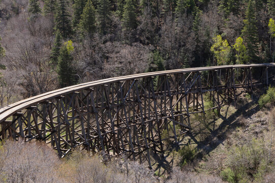 A scenic view of the historic wooden Mexican Canyon Trestle in Cloudcroft, New Mexico.