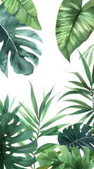 Watercolor frame with tropical leaves and jungle plants	