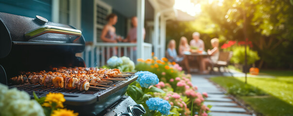 Happy group of friends making barbeque in the garden. Close up to bar-b-q.