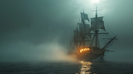 Fototapeta premium Sailing ship in sea water in heavy fog.