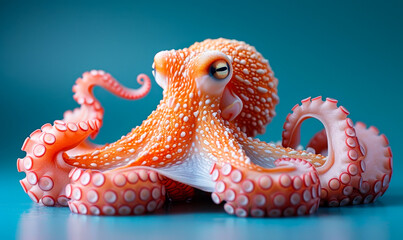 Vibrant Pink Octopus Displayed Against a Striking Blue Studio Background, Highlighting Unique Marine Life and Artistic Presentation