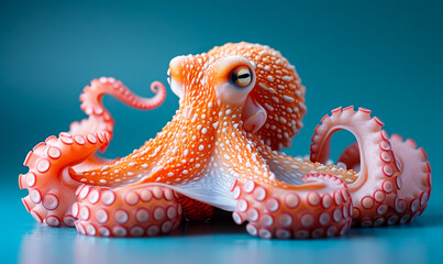 Obraz premium Vibrant Pink Octopus Displayed Against a Striking Blue Studio Background, Highlighting Unique Marine Life and Artistic Presentation