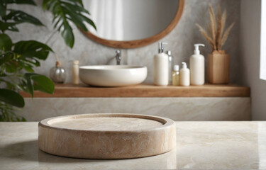 empty round podium on blurred sustainable bathroom interior background with plants and towels. Scene stage showcase for beauty and spa products, cosmetics, promotion sale or advertising 