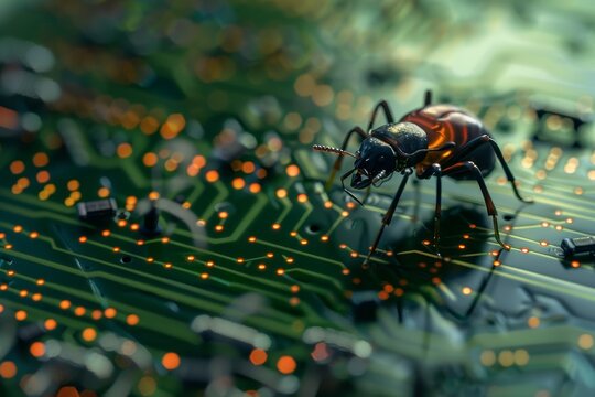 A bug is seen up close on a printed circuit board, showcasing the interaction of the insect with the electronic components, A malware researcher reverse engineering malicious software - Powered by Adobe