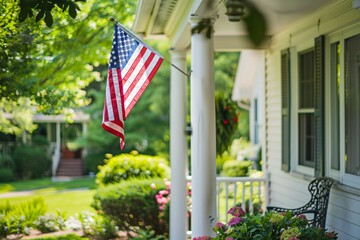 American Flag Hanging from Porch of Traditional Home at Sunset
