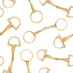 Seamless pattern with watercolor illustration of golden snaffle, bit with D-Ring and circle rings. Equipment for horse riding set. Isolated. For cards, prints, decor © dakora