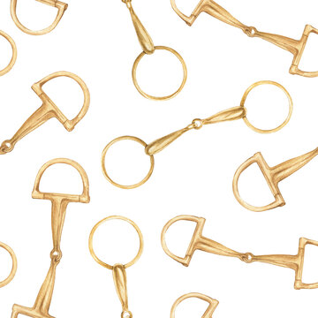Seamless pattern with watercolor illustration of golden snaffle, bit with D-Ring and circle rings. Equipment for horse riding set. Isolated. For cards, prints, decor