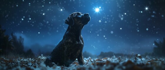 A black dog gazes upward, captivated by the sparkling stars of a winter night sky, surrounded by a mystical, snowy landscape.