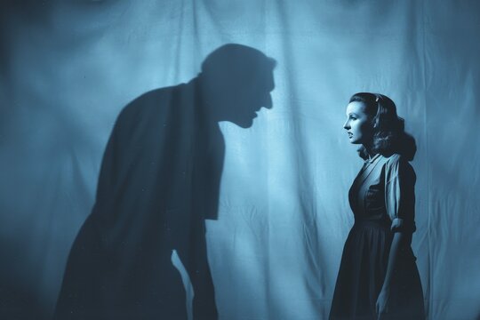 A man and a woman standing together in front of a curtain, with the mans shadow looming over the woman, A man's menacing shadow looms over a woman, who trembles in his presence - Powered by Adobe