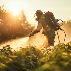 farmer spraying pesticide at agriculture field