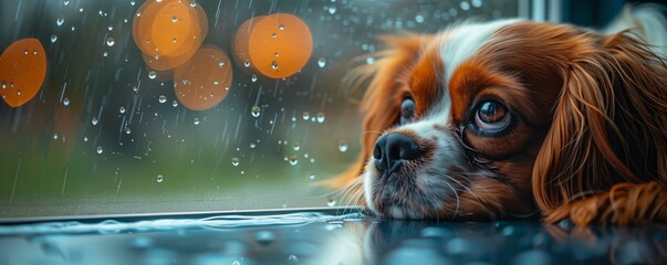 Cavalier King Charles Spaniel gazing through a rainy window, reflective and moody atmosphere.