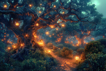 A Serene Trail Illuminated by Hanging Lanterns, Ideal for Themes of Magic, Adventure, and Nature's Hidden Wonders. Created with Ai