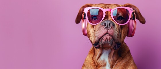 Stylish boxer dog wearing pink sunglasses and headphones, exuding coolness on a pink background.