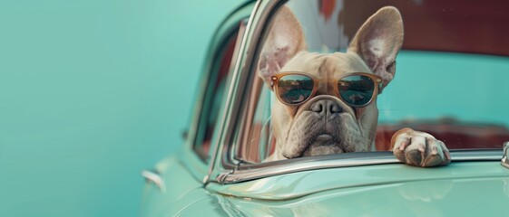 Cool French Bulldog lounging in a vintage car wearing stylish sunglasses, capturing a classic vibe.