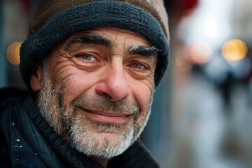 Close up of a person wearing a hat with a kind expression and gentle smile, A man with a kind expression and a gentle smile