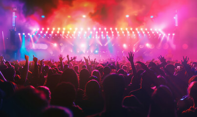 Crowd of people at concert in front of bright stage lights and blurred background with bokeh for concert banner,  promotions flyers, music festivals posts