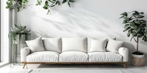 Modern interior with white sofa panorama with blank soft white wall background