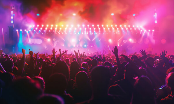 Crowd of people at concert in front of bright stage lights and blurred background with bokeh for concert banner, promotions flyers, music festivals posts - Powered by Adobe
