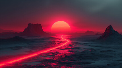 Mysterious Desert Sunset with Pink Line, Ominous Vibes, Monochrome Digital Art, Light Black and Magenta Hues