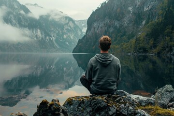A man sits on a rock, gazing at a mountain lake with a calm demeanor, A man with a sense of calm and inner peace
