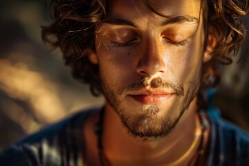 Close up of a man with his eyes shut in a moment of calm, A man with a sense of calm and inner peace