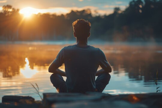 A man peacefully sitting on a dock by the waters edge, enjoying the view, A man with a sense of calm and inner peace - Powered by Adobe