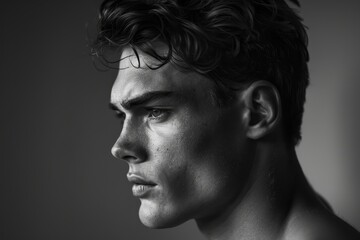 A young man with a strong jawline and chiseled features in a black and white photo, A man with a strong jawline and chiseled features