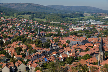 The beautiful fairytale Wernigerode and its picturesque colorful half-timbered houses. Medieval...