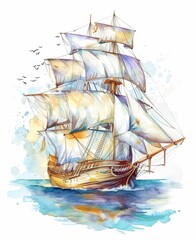 Watercolor painting of vintage medieval pirate sailing ship
