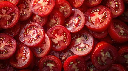 Red tomatoes sit on wooden table; sliced and cut-up versions stacked nearby
